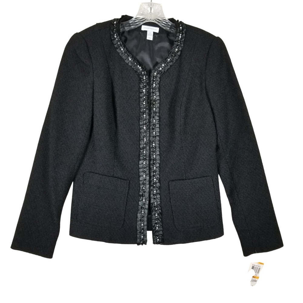 Charter Club Jacket Women Small Black Wool Blend Beaded Ruffle Flight Of Fancy